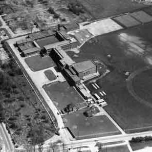 Aerial view of Rowlinson Secondary Technical School, Dyche Lane 1968